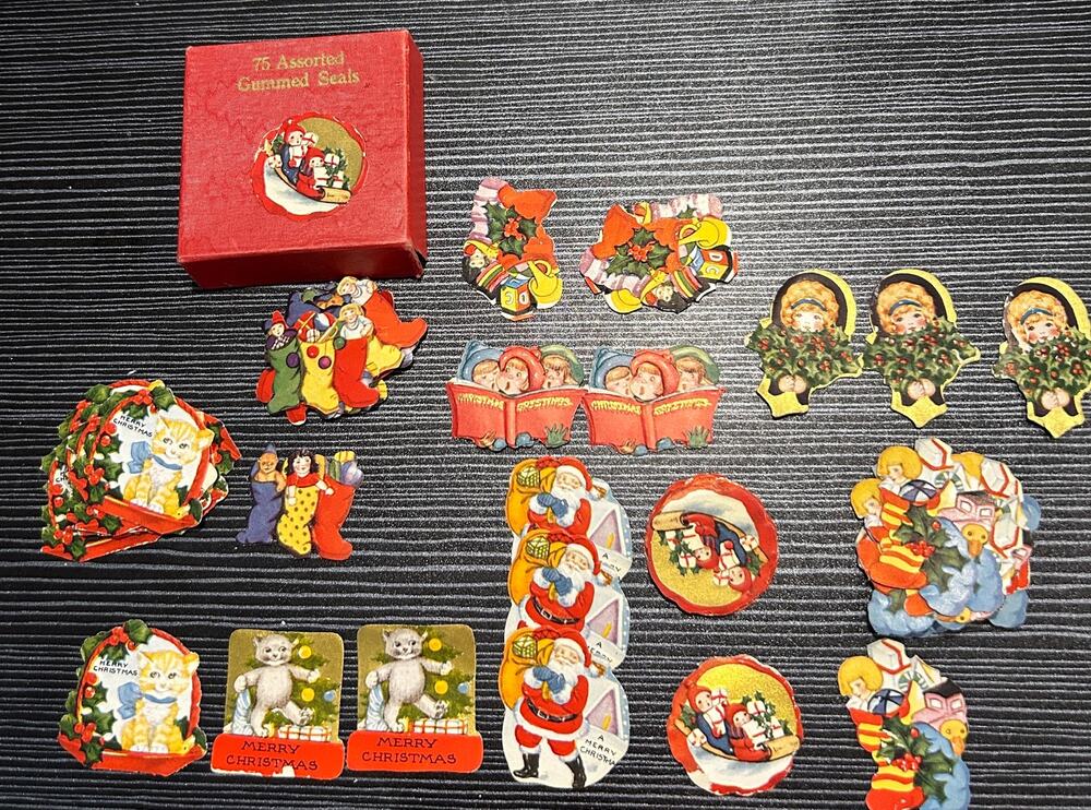 Vtg 40-60's Christmas Gummed Seals Santa Cats MCM 75 Assorted Box #889